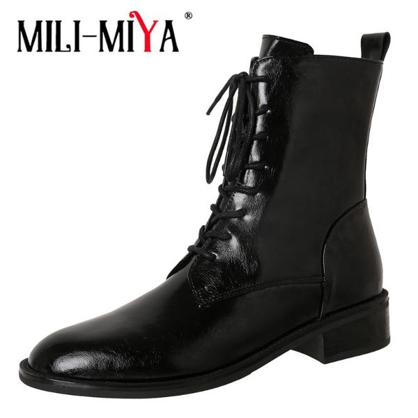 

boots mili-miya genuine leather women ankle retro british style fashion round toe cross tied zipper square heel shoes, Black