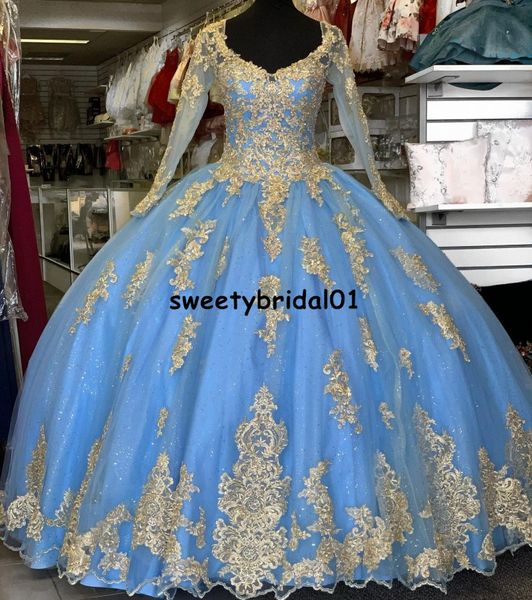 New Sky Blue Sweet 16 Tquinceanera Платья с длинными рукавами Бисером Кружева с бисером Кружева Применение Corset Бальное платье Vestido de 15 Anos