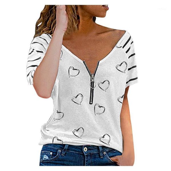 

women's blouses & shirts ladies zipper up short sleeve elegant heart-shaped printing harajuku high street classic v-neck camicias top, White