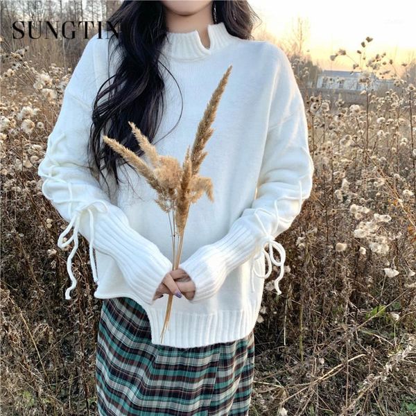 

women's sweaters sungtin cross lace up pullover sweater women winter loose irregular color soft knitted female fall oversize jersey muj, White;black