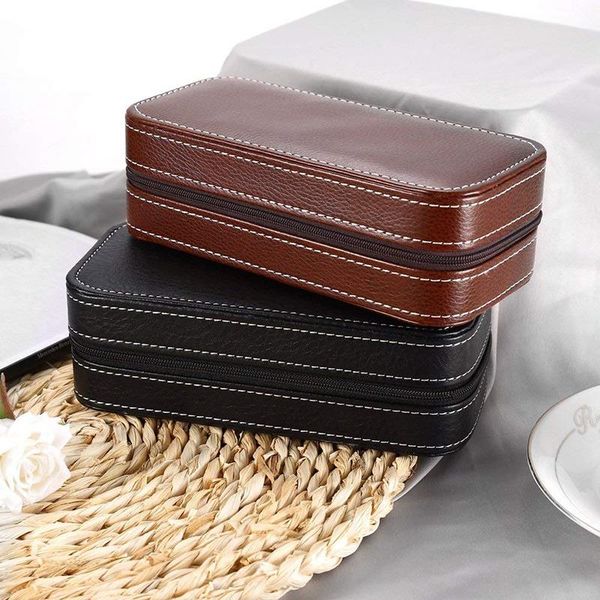 

watch boxes & cases 2 grids pu leather travel storage case zipper wristwatch box organizer, Black;blue