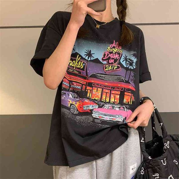 

retro comics american casual style woman tshirts oversized loose summer girls tee o-neck korean fashion kawaii clothes 210708, White
