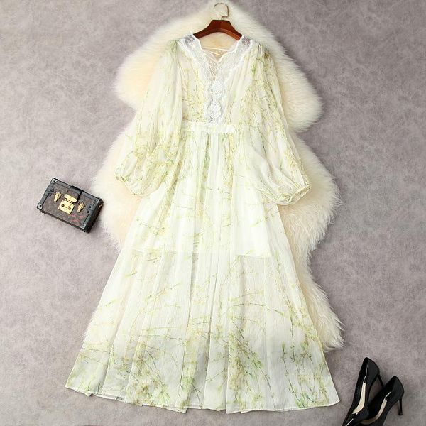 

casual dresses european and american women's wear for summer 2021 long sleeve lantern v-neck fashion lace spliced print dress, Black;gray