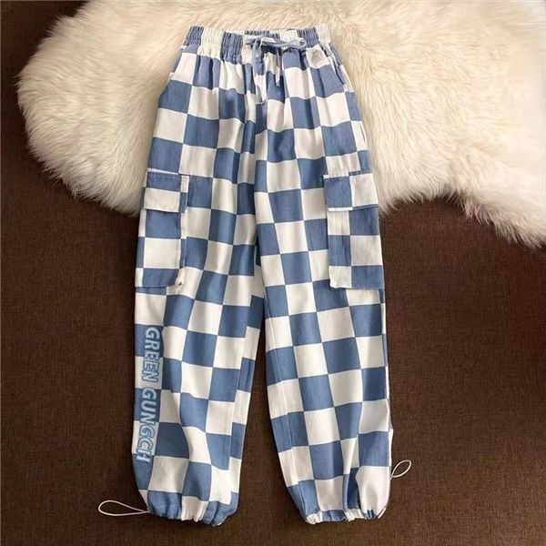 

summer plaid three color wide women pant sports casual leg models were thin street high waist, Black;white