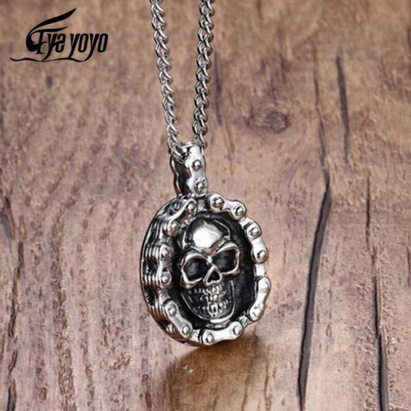 

eyeyoyo skull pendant cool heavy bicycle chain motorcycles engine stainless steel motor biker for man punk jewelry necklaces, Silver