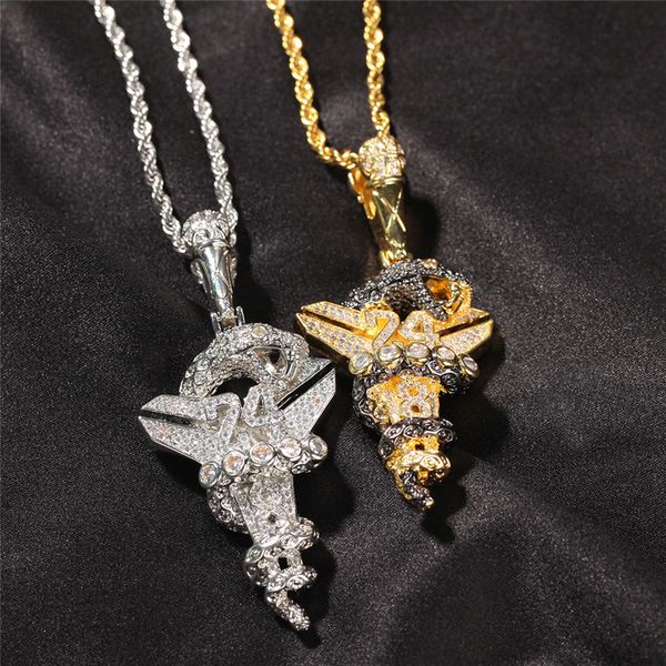 Hip Hop Iced Out Halskette mit Schlangen-Anhänger, schwarzes Kreuz, Nr. 24, 8 Gold, versilbert, für Herren, Bling-Schmuck, Geschenk