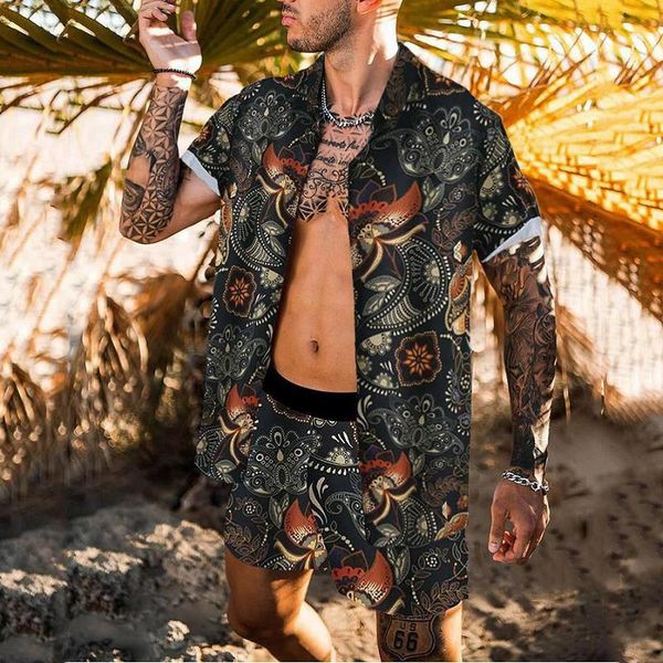 

jogging clothing 2021 summer beach fashion leopard print two piece sets for men short sleeve shirt and drawstring shorts suits casual male o, Black;red