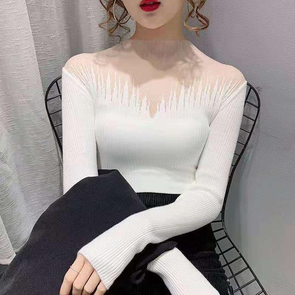 

women's sweaters half high neck lace mesh knit bottoming shirt spring and autumn sweater women foreign style self-cultivation sexy, White;black