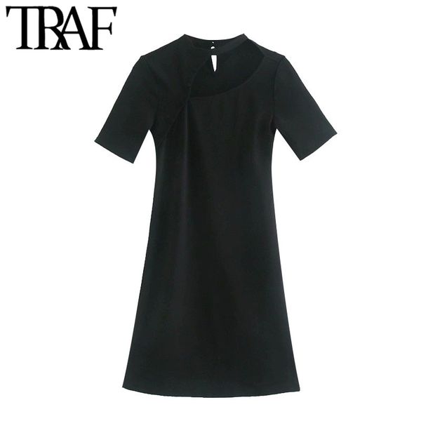 

traf women chic fashion hollow out buttons decorate mini dress vintage o neck short sleeve slim female dresses mujer 210415, Black;gray