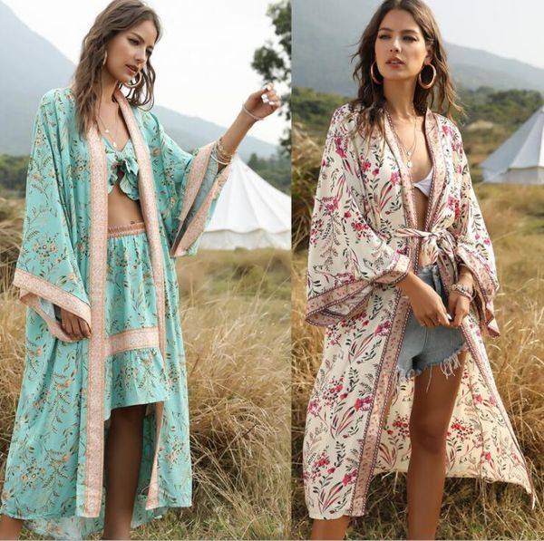 

casual dresses women loose shawl long kimono cardigan blouses shirts summer bohemian beach sashes floral print holiday cover ups beachwear, Black;gray