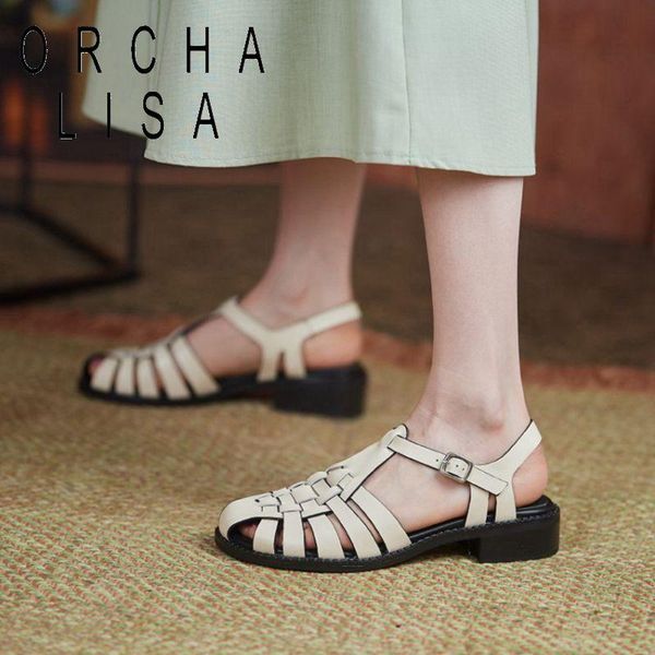 

summer gladiator retro sandals cow leather cut outs rome female shoes buckle slingback women med heels dress, Black