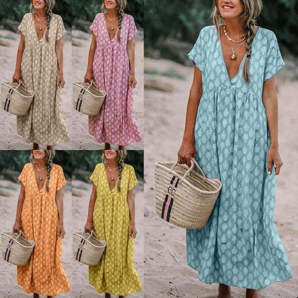 

dress boho deep v neck women tanks polka dots floral print fashion tunic long loose kaftan beach holiday sundress, White