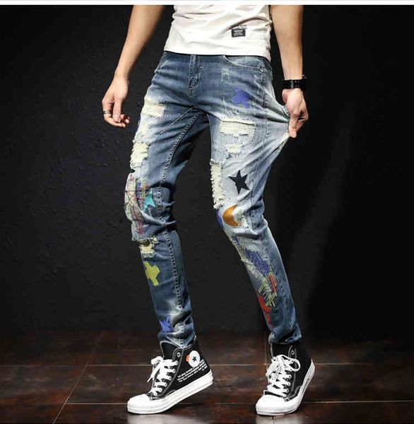 

trendy original design pants men's slim embroidered hole patch jeans in fall, Blue