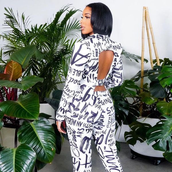 

women's two piece pants conjunto de dos piezas chaqueta con estampado letras blancas para mujer, traje y pantalones sexys informales es, White
