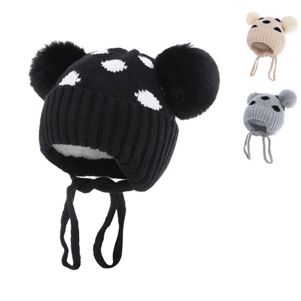 

caps & hats double pompoms winter children baby hat with srting born bonnet cap for kids 0-3t, Yellow