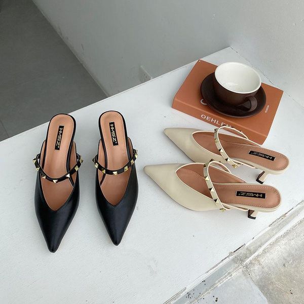 

slippers 2021 summer designers women slides pointed toe slip on mules shoes party rivet leather thin high heels slide woman, Black