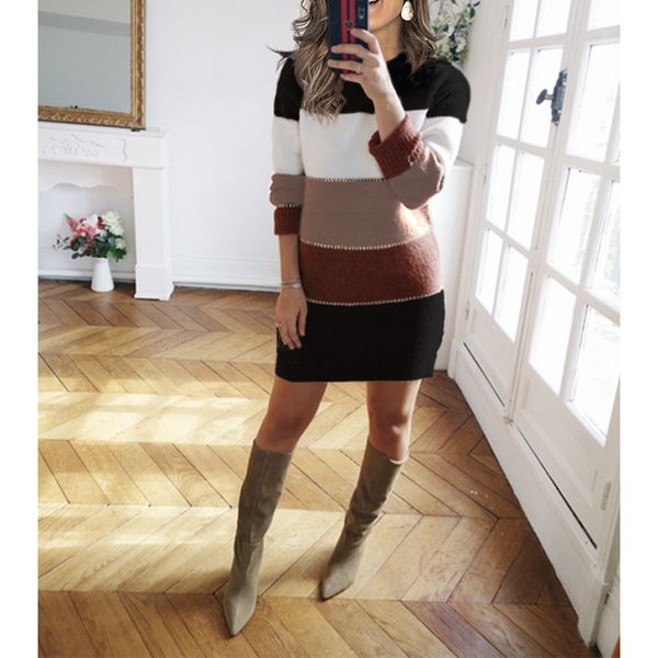 

womens 2021 autumn and winter new solid color stitching knitted skirt casual contrast color round neck sweater dress, White;black