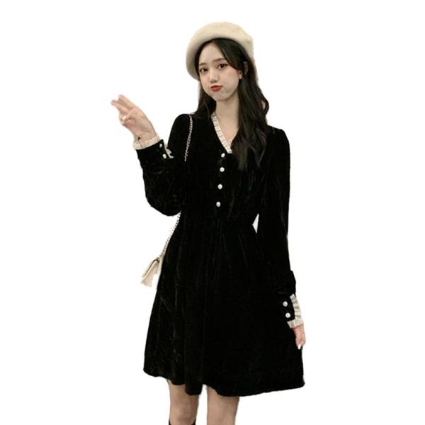 

casual dresses women's spring autumn velvet dress solid color button v-neck long sleeve korean elegant 3352, Black;gray