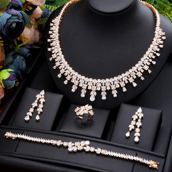 

earrings & necklace trendy 4pcs luxury waterdrop statement jewelry set for women wedding cubic zircon cz african dubai bridal, Silver