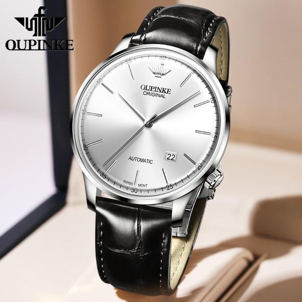 

wristwatches imported oupinke swiss movement automatic mechanical watch sapphire waterproof calendar luxury leather male 3269, Slivery;brown