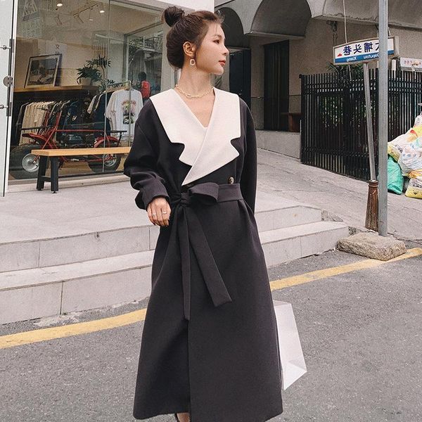 

women's trench coats windbreaker 2021 spring autumn long temperament stitching contrast color high waist korean loose fashion coat 9c, Tan;black