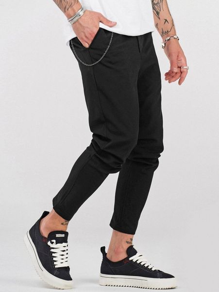 

men drawstring waist crop pants without chain h533#, Black