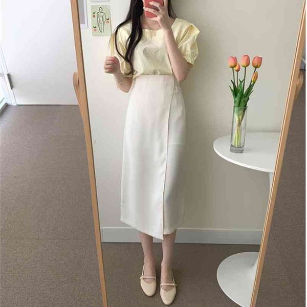 

s-xl spring 2 piece suit shourt sleeve summer girls blouse vintage women female solid long skirt suits robe sold separately 210423, White