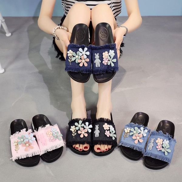 

slippers summer denim flat women shoes flowers beading open toe slides 5 colors tassel flip flops mujer anti-skid flipflop, Black