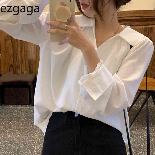 

ezgaga french style elegant women shirts chic spring new fashion solid loose long sleeve female blouse all-match casual 210430, White