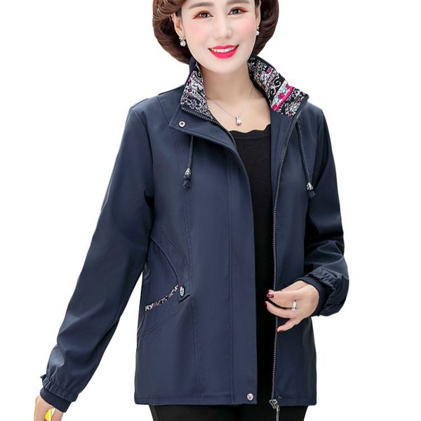 

women's jackets middle-aged women spring autumn stand collar hooded coat casual zipper mother outerwear plus size 5xl lf18, Black;brown