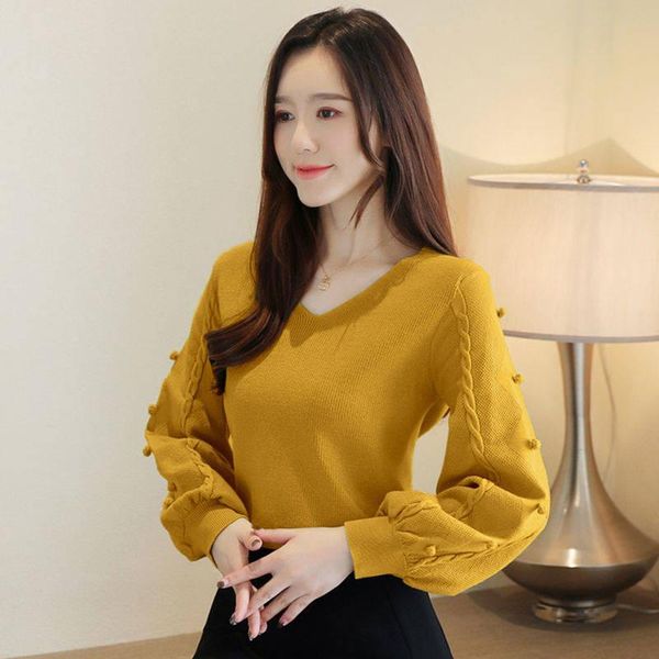 

women's sweaters sweater drawstring lantern sleeve bottoming shirt ropa mujie's loose v-neck was thin outer knitwear top, White;black