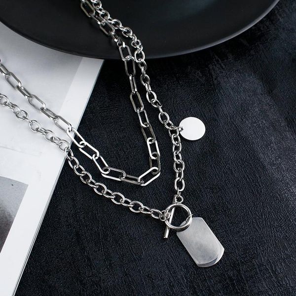 

pendant necklaces double-layer chain geometric stainless steel necklace men's and women's fashion clothing jewelry gifts, Silver