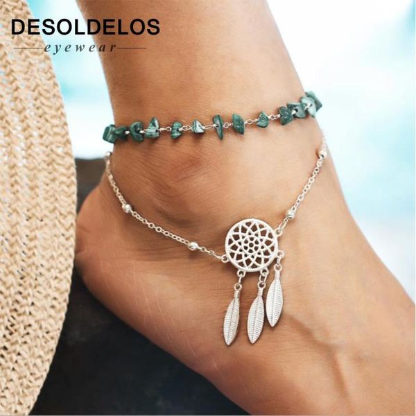 

anklets bohemia beaded feather dream catcher for women multi layer handmade stone foot anklet chain bracelet beach boho jewelry, Red;blue