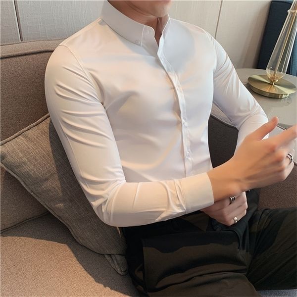 Hochwertige, solide Hemden für Herrenbekleidung, koreanische Slim-Fit-Beiläufig-Langarm-Streetwear/Nachtclub/Abschlussball-Smoking 220216