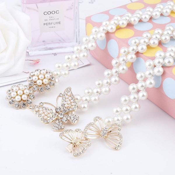 

styles pearl waist chain stretchy flowers buckle belt elegant women dress rhinestone crystal strap girdle belts, Black;brown