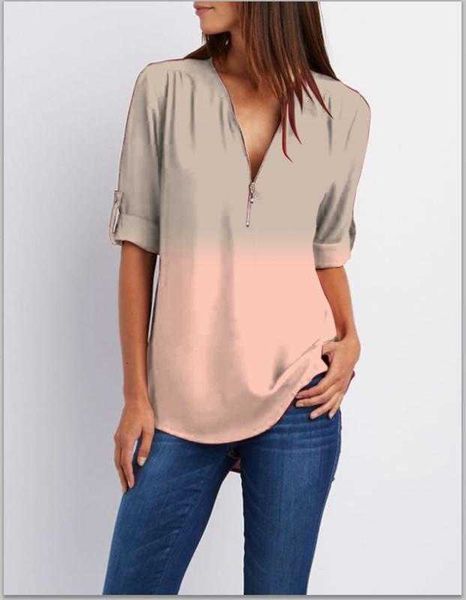

women's blouses & shirts plus size women chiffon shirt long sleeve gradient print v-neck zipper decor blouse autumn elegant casual pig0, White