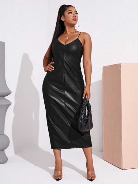

plus split hem pu leather dress c0ei#, Black