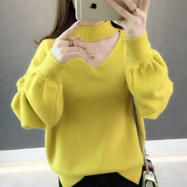 

women's sweaters women autumn winter half turtleneck hollow out pullover bottoming knitted korean solid loose lantern sleeve sweater 3, White;black