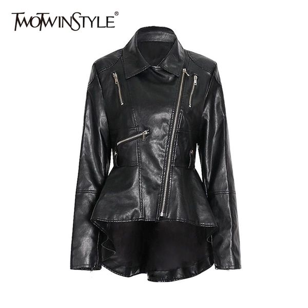

patchwork zipper black jacket for women lapel long sleeve irregular hem pu leather casual jackets female fashion 210524, White