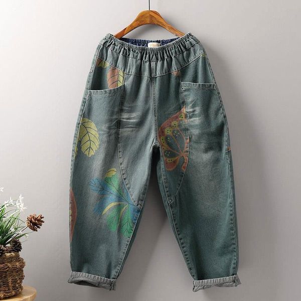 

arrival autumn arts style women elastic waist loose casual jeans vintage print cotton denim harem pants m445 women's, Blue
