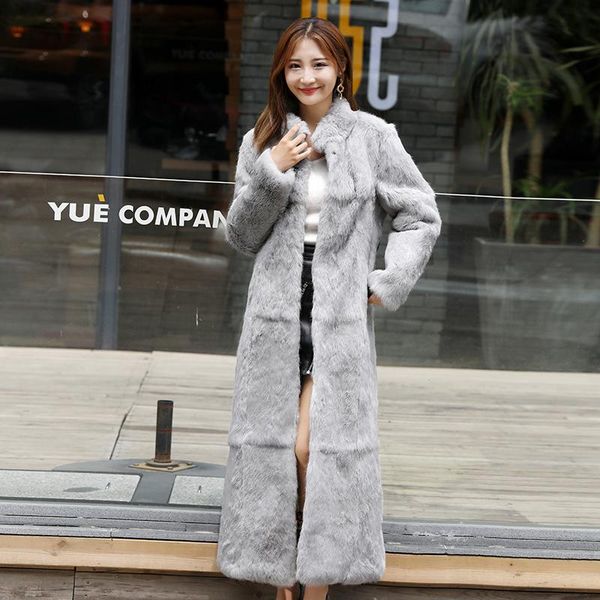 

women's fur & faux 2021 real genuine natural coat stand collar x-long fashion jacket outwear custom big size, Black