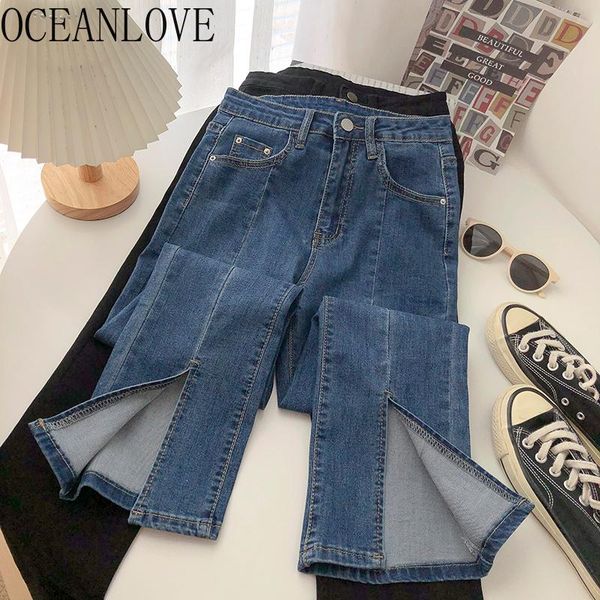 

women's jeans oceanlove pantalones de mujer ankle length solid high waist 2021 autumn femme korean fashion woman pants casual, Blue