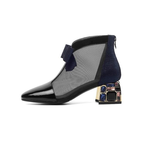 

boots krazing pot cow leather air mesh square toe high heels back zipper sunscreen breathable gentlewomen summer ankle boots l1f2 2m6q, Black