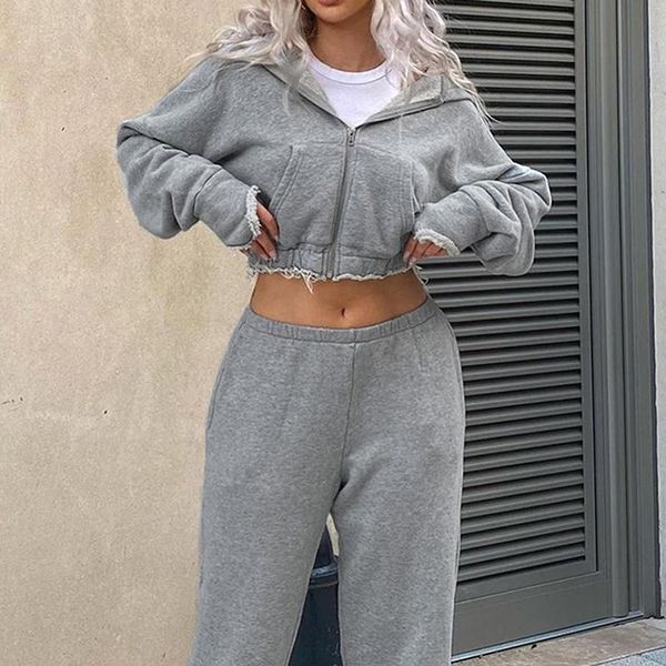 

women's two piece pants women tracksuit 2 set zippper hoodie+wide leg female sport sets casual zip up ripped crop suit 2021 streetwear, White