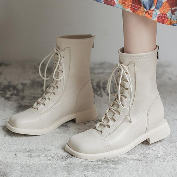 

boots beige black pu leather ankle women autumn winter square head lace up shoes female fashion motorcycle platform botas hh174