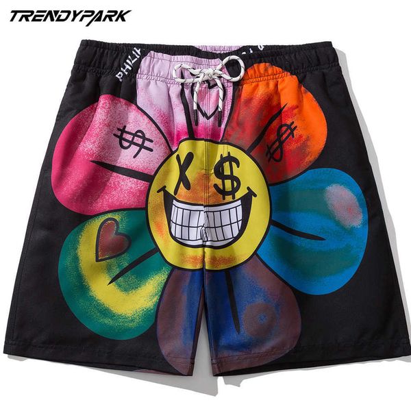 

men's short funny big flower printed summer hip hop oversize pockets streetwear harajuku drawstrings casual board shorts men 210601, White;black