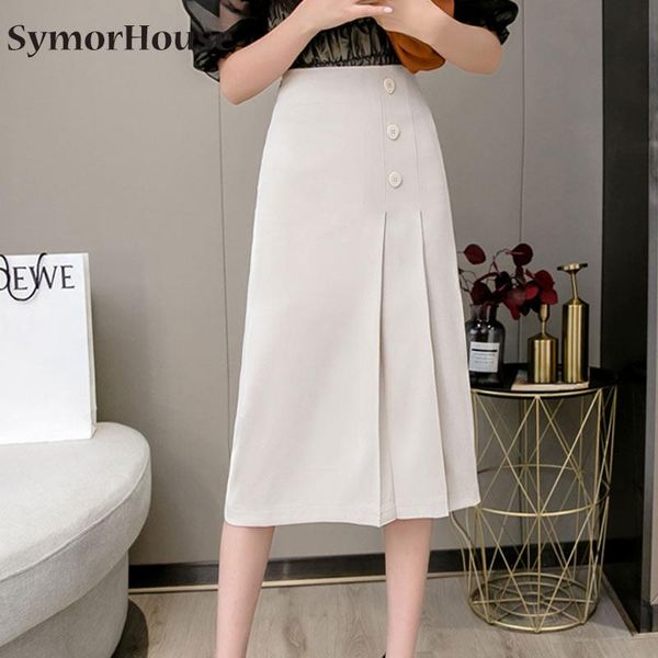 

skirts elegant office ladies high street 2021 summer ol korean buttons midi a line skirt women work wear saias mujer autumn, Black