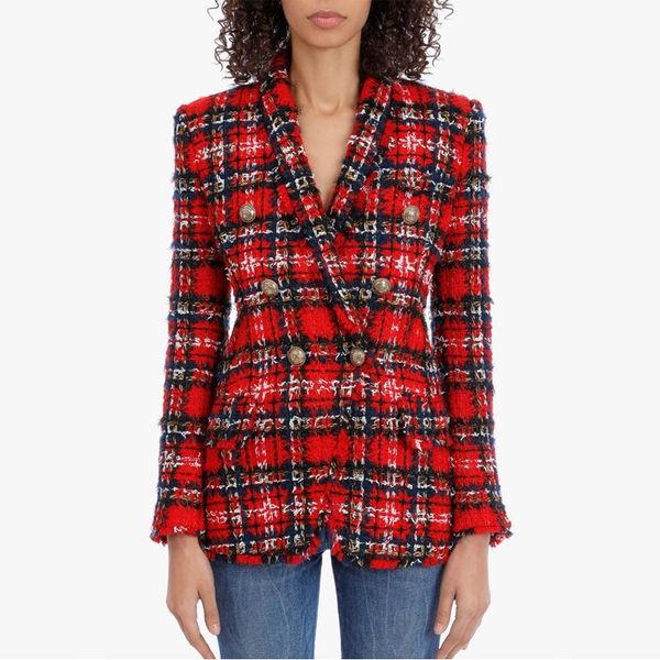 

women's wool & blends s- autumn and winter color woolen plaid fabric green fruit collar slim double breasted long sleeve jack, Black