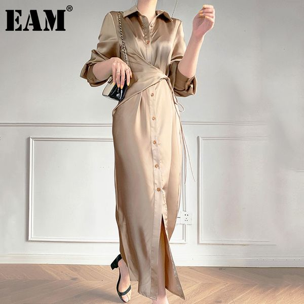 [Eam] Mulheres Champagne Sakes Sashes Elegante Vestido Slim Lapela Manga Longa Loose Fit Moda Primavera Outono 1d7317 21512