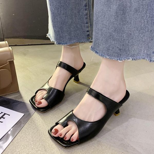 

female shoes slippers soft med slides rubber flip flops thin heels square toe heeled mules fashion 2021 comfort hawaiian summer, Black